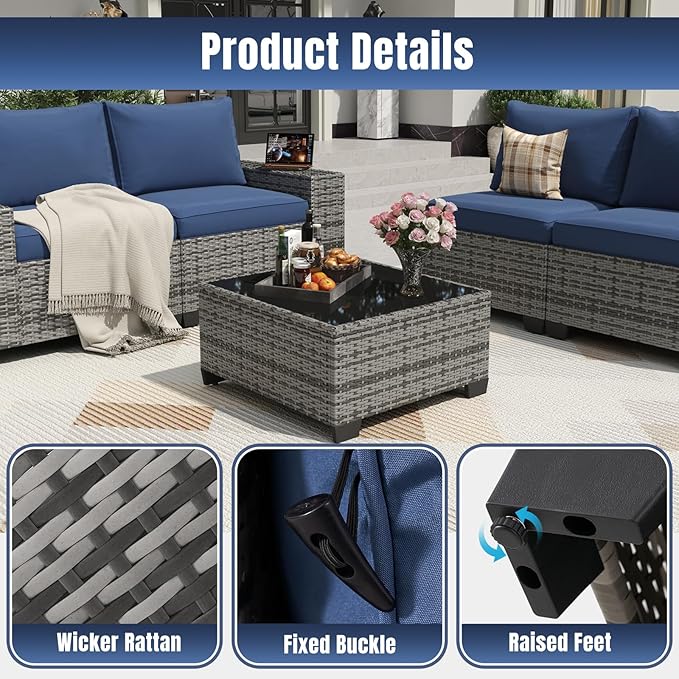 Aoxun 7 Pieces Patio Furniture Set with 40” Fire Pit Table Wicker Rattan Outdoor Sectional Conversation Set with Coffee Table and 4” Thickened Cushions, Blue(Waterproof Cover Included)