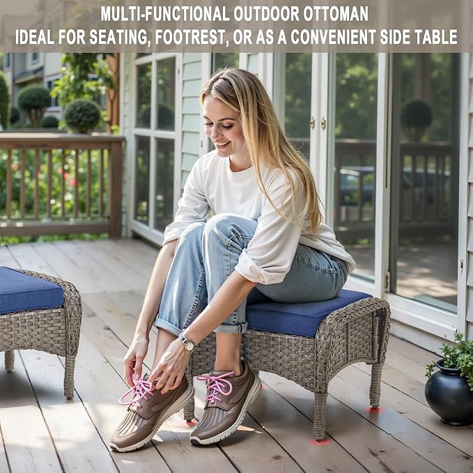5 Piece Swivel Rocker Glider Outdoor Chairs Set of 2 with Ottoman and Glass Side Table Patio Bistro Furniture Set, Comfort High Back Wicker Patio Conversation Set for Deck Porch Sunroom