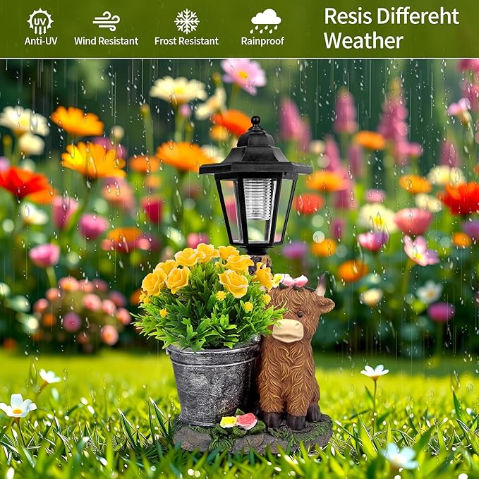 YEPOTUE Solar Highland Cow Outdoor Statues, Garden Sculptures with Flowerpot Decor & Solar Lantern for Yard Art Lawn Ornaments Porch Patio Balcony - Birthday Gifts for Women Mom