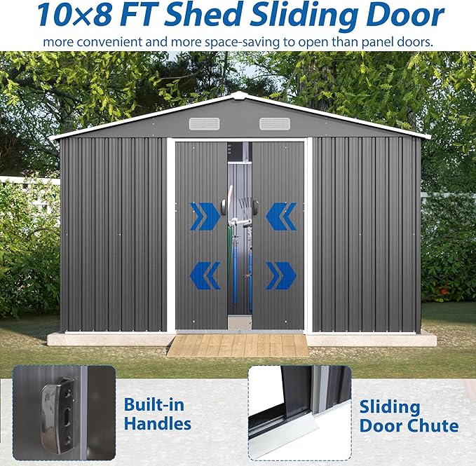 Favfurish 10×8 FT Metal Outdoor Storage Shed, Large Garden Sheds with Metal Foundation & Lockable Doors, All Weather Anti-Corrosion Galvanized Steel Tool House for Backyard Garden Lawn,Grey