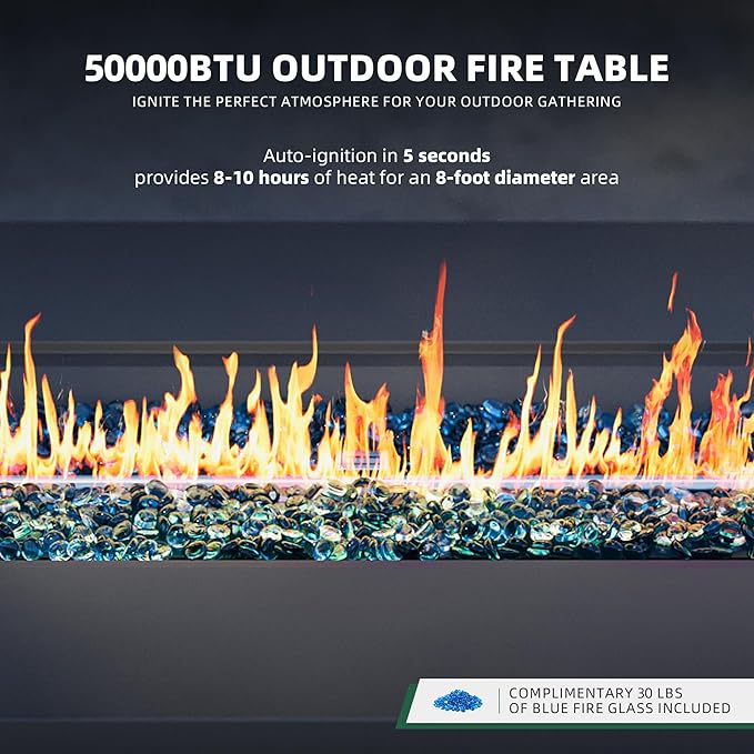 UPHA 42-inch Outdoor Propane Gas Fire Pit Table 50000 BTU Iron Rectangle Firepit for Outside Patio with Tank Hidden Table, Wind Guard, Removable Lid, Blue Glass Rocks, Rain Cover, Grey
