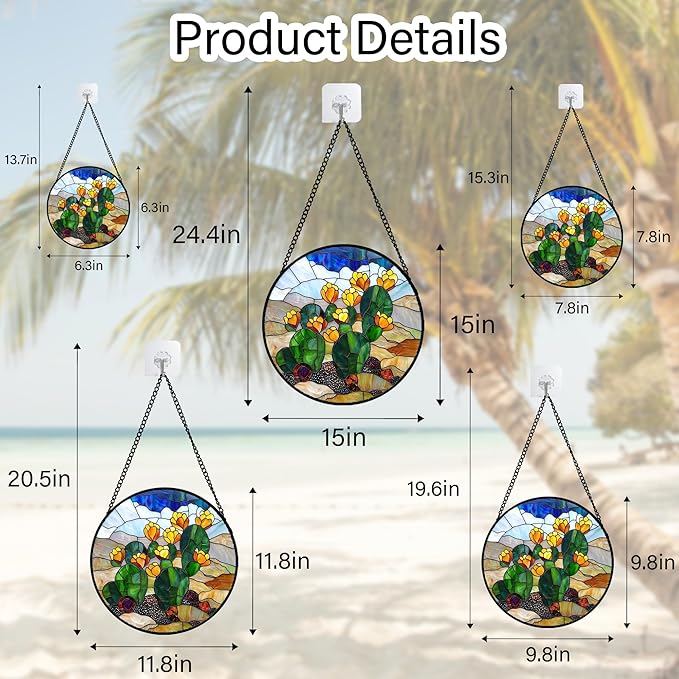 QZQCBLC Stained Glass Window Hanging Green Cactus with Yellow Flowers Large 11.8" - Suncatcher Door Garden Sun Catcher Home Decor Birthday Christmas for Woman Nana Friend Men Kids