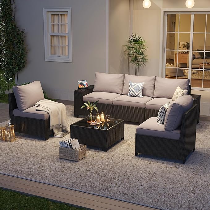 Aoxun Patio Furniture Set, 6 Pcs Outdoor Patio Furniture Sets with 4in Thicken Cushion, Widen Armrests Wicker Outdoor Sectional for Backyard (Waterproof Cover Include)