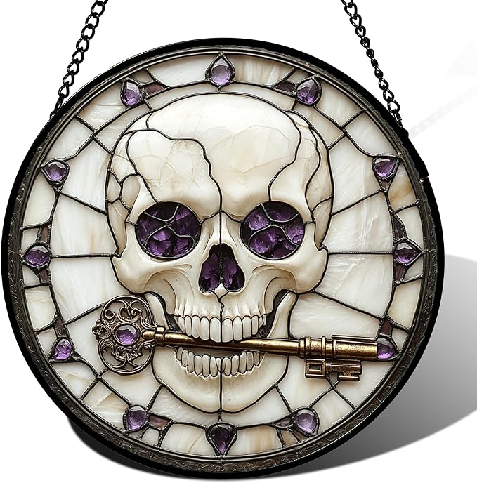 CRISGIF Stained Glass Window Hanging - Halloween Scary Skull Suncatcher for Doors Garden Home Spooky Purple Skeleton Key Sun Catchers Gothic Decor Horror Gifts for Women Men Friend Boy Girl 7.8 in
