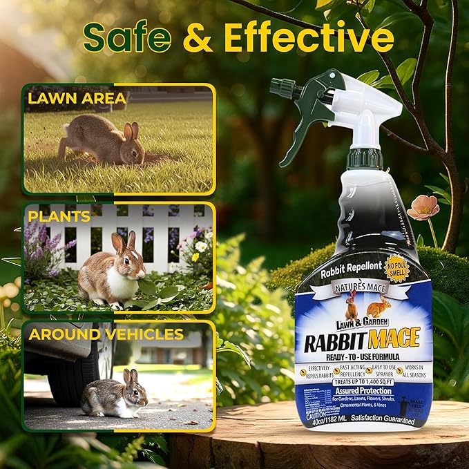 Nature’s Mace Rabbit MACE, Deterrent for Yard, Rabbit Repellent Outdoor, Mint Rabbit Spray, Garden, Lawn, Keep Rabbits Out, 40 oz Ready to Use, Covers 1,400 Sq Ft, Safe Around People, Pets, Plants