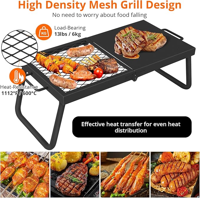 Portable Campfire Grill, Heavy Duty Steel Mesh Grate and Roasting Pan, Foldable, 22.4 x 11.2'' Camping Grates, Camping Essentials with Carrying Bag, for Outdoor Campsite & Party