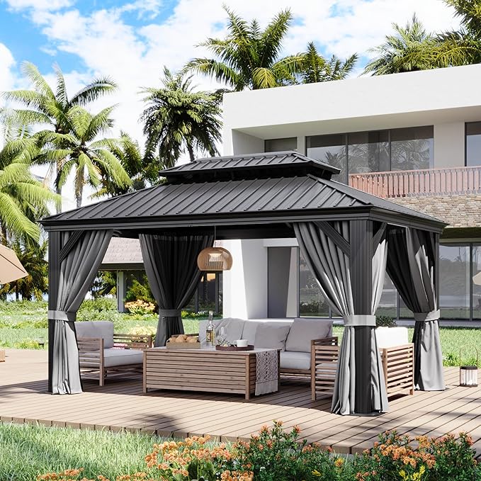 Aoxun 10' X 14' Hardtop Gazebo with Drainage System, Aluminum Outdoor Gazebo with Galvanized Steel Double Roof, Patio Permanent Metal Pavilion with Netting, for Garden, Deck, Grey