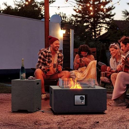 Cosiest Propane Fire Pit with Wind Guard&Tank Cover for Outside, 28 in Square Gas Fire Pits for Outdoor Patio, Certified, 50000 BTU Concrete Rectangle Base with Rain Cover, Free Lava Rocks