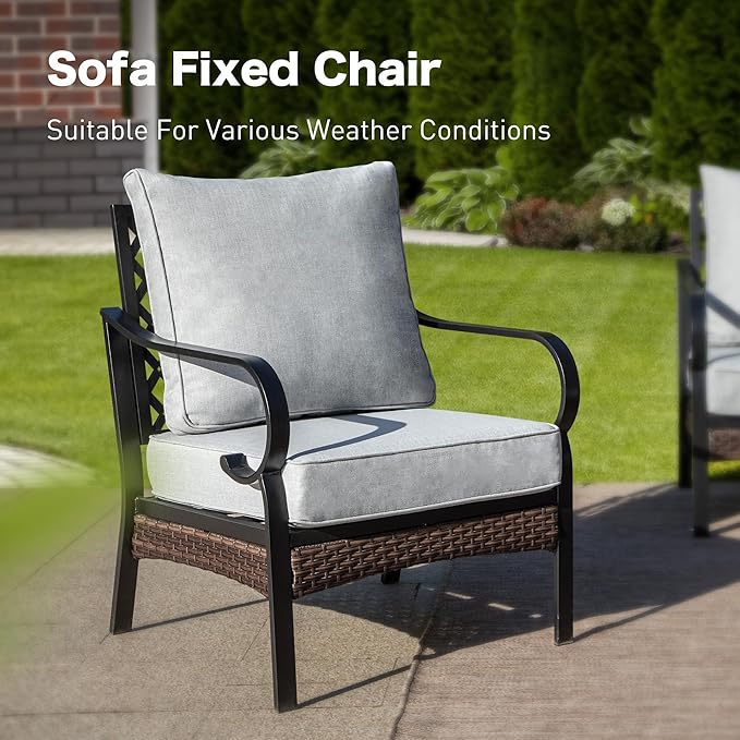 4 Piece Metal Outdoor Patio Furniture Set, Patio Conversation Sets 1 3-seater Sofa, 2 Chairs with 5.75" Extra Thick Cushion and Coffee Table, Black Frame Backyard Furniture, Light Gray