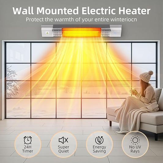 Patio Heater,1500W Outdoor Heaters,Wall Mounted Electric Heater With Remote,24H Timer,Overheat Protection,3 Heat Levels,Waterproof,Infrared Heater For Indoor,Garage,Backyard,Porch,Basement Use,Silver