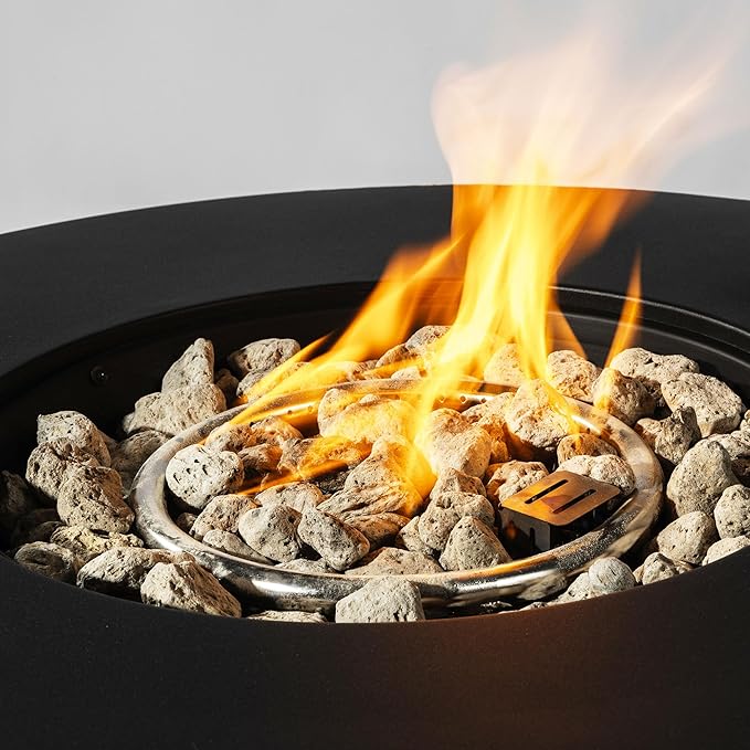 Propane Fire Pit Table, 32” Firepits for Outside, Round Gas Fire Pit for Outside Patio, Propane Fire Table with Steel Lid, Rocks for Patio, 50000BTU, Tank Inside, Tank Not Included, Black