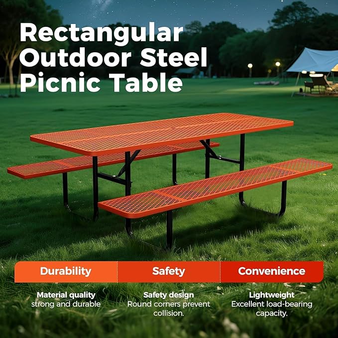 KUFUH 72" Coated Round Metal Picnic Table for 4-6 Person, Durable Heavy Duty Commercial Picnic Table with Umbrella Hole for Outdoor Coffee Shop, School, Easy to Install, Orange