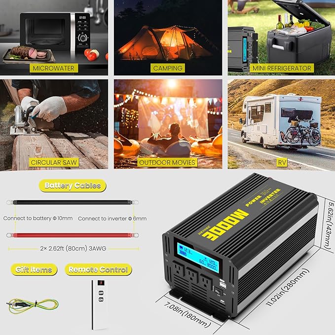 3000 Watt Modified Sine Wave Power Inverter, 12V DC to AC 110V/120V (Peak) 6000W Converter 3 Outlet Car Inverter with Remote Control and LED Display 3.4A USB Port