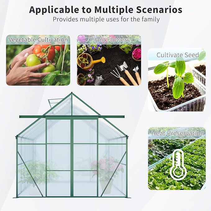 KEIKI 8x10 FT Double Door Polycarbonate Greenhouse with Aluminum Frame,Raised Base and Roof Vent,Walk-in Greenhouses for Patio Garden Backyard