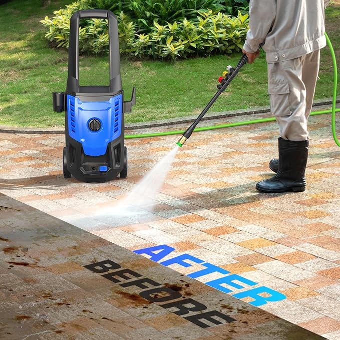 Professional Pressure Cleaner, Portable Power Washer with 4 QC Nozzles and Soap Bottle, Cleaner Machine for Cars/Home/Driveways/Patios/Decks/Fences, Blue