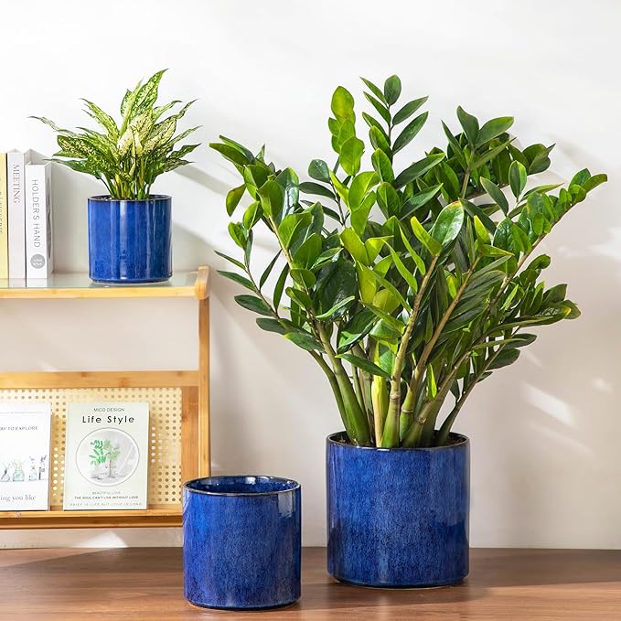vancasso 6"+8"+10" Ceramic Pot for Plants, Large Outdoor Indoor Planter Pots with Drainage Holes, Set of 3, Blue