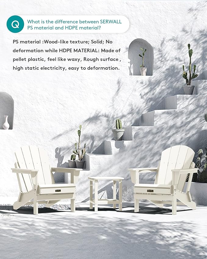 SERWALL Folding Adirondack Chair Set of 2, All Weather Patio Chair with Wood Texture, Fire Pit Chairs for Outdoor - White