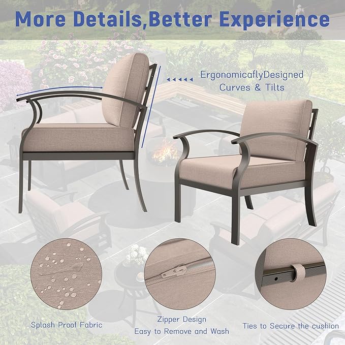 Aluminum Patio Furniture Set with Round Fire Pit Table, 7 Seats Outdoor Conversation Sets Modern Metal Patio Sectional Sofa with Upgrade Cushions for Patio, Backyard Sand