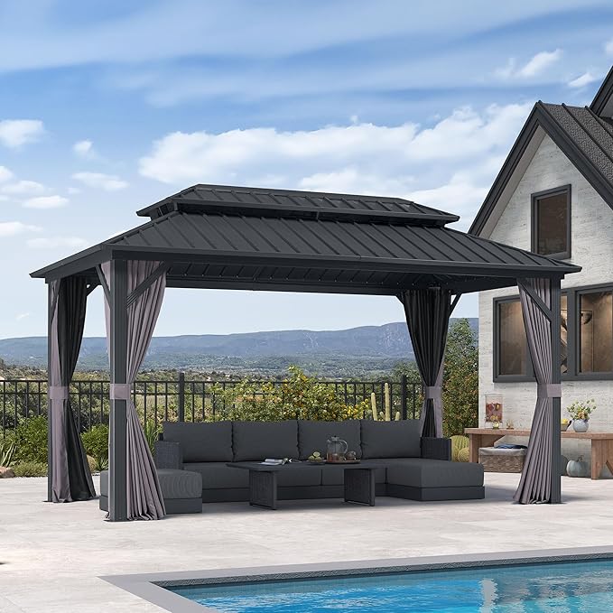 PURPLE LEAF 8' X 14' Permanent Hardtop Aluminum Gazebo with Double Galvanized Steel Roof Removable Netting Curtains and Ceiling Hooks for Patio Lawn Backyard Deck Garden Grey