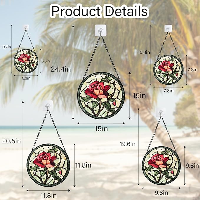 AMDERVEN Stained Glass Window Hanging, Red Rose Flowers Sun Catcher for Door Garden Home Decor Suncatcher Christmas Mother's Day Birthday Gifts for Women Lovers Men Wife Girlfriend Mom Nana 7.8 in