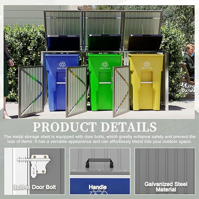 Outdoor Storage Shed Metal Trash Can Storage,120 Cu.Ft Garbage Can Storage Shed W/Lid Chain,Door Bolt & Pneumatic Spring Support Rods,for 3 Trash Bins,Bike,Garden Tools,Light Gray