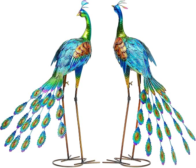 Ultym 32" Tall Metal Peacock Garden Statue, Handmade Oversized Couple Peacock Sculptures with Anchor Ground Stakes, Iron Ornament Yard Art Decor for Garden, Patio, Entryway Porch, or Home Space.
