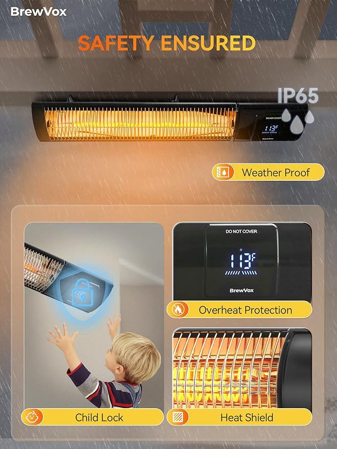 1500W Carbon Infrared Electric Outdoor Patio Heater with Thermostat, Instant Warmth, Smart App-Controlled Scheduling & Remote On/Off, IP65 Weatherproof, 24H Timer for Living Room, Bedroom, Garage