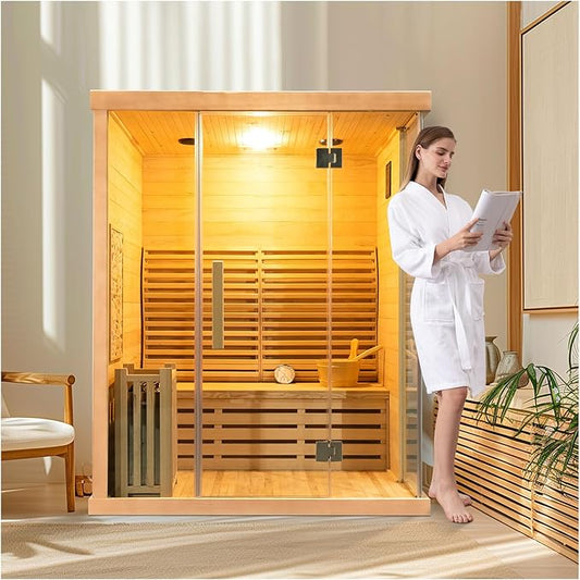 ZONEMEL 3 Person Wooden Steam Sauna Room, Canadian Hemlock Luxurious Indoor Sona House with 6 KW Heater, WiFi Controller, Bluetooth Speaker, Wooden Bucket, Scoop, Reading Light, 220V