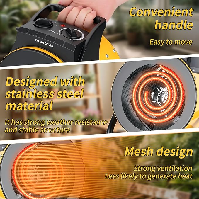 Greenhouse Heater with Digital Thermostat, 1500W Electric Outdoor Heater, Overheat Protection, Fast Heating, Waterproof for Grow Tent, Green House, Patio, Yellow