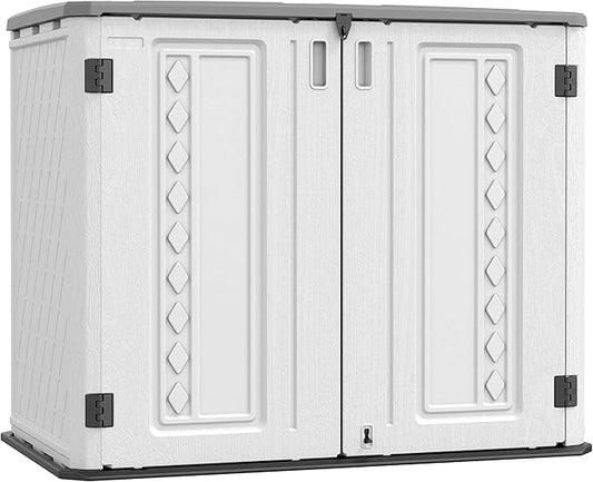 ADDOK Horizontal Storage Shed Outdoor with Floor, 27 Cu Ft Capacity Plastic Storage Shed with Lockable Double Doors, All-Weather Condition Use for Patio, Backyard, Lawn and Garden, White