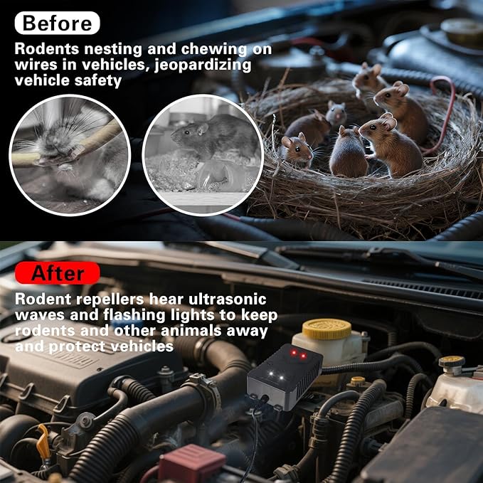 Rodent Repellent for Car Engines, 4Packs Power Supply Rat Deterrent for Car Engines, Ultrasonic Mouse Repeller with Strobe Light, Under Hood Rodent Repellent Keeps Rats Away from Vehicle Car