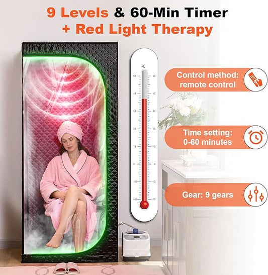 Portable Full-Body Steam Sauna Tent for Home – Large Indoor Personal Sauna with 15 Heat Levels, 3L Steamer, Remote, Foldable Chair and Transparent Window (Red Light Version, Black)