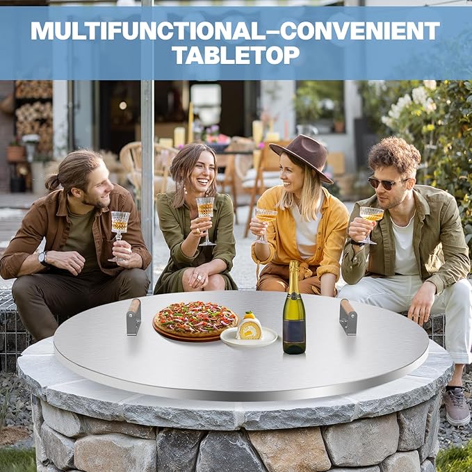 Fire Pit Lid Round - 38" Stainless Steel Rust Resistant Firepit Cover or Table with 2 Wooden Handles for Patio Fire Pit, Weatherproof for All Seasons, Fits Fire Pits Up to 36"