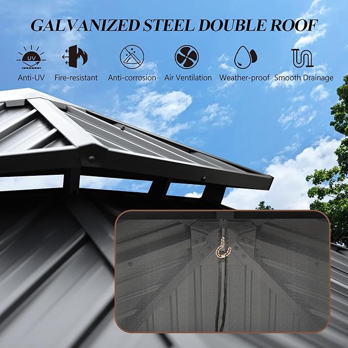 GARTOO 10' x 10' Outdoor Wood Gazebo - Permanent Wooden Hardtop Gazebo Pavilion with Double Curtains, Galvanized Steel Roof Cedar Wood Gazebos for Garden, Backyard Deck, Lawn, Poolside