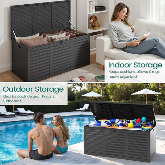 Resin Deck Box 130 Gallon, Lockable & Waterproof Outdoor Storage, UV-Resistant Patio Box for Cushions, Tools, and Outdoor Accessories (Black)