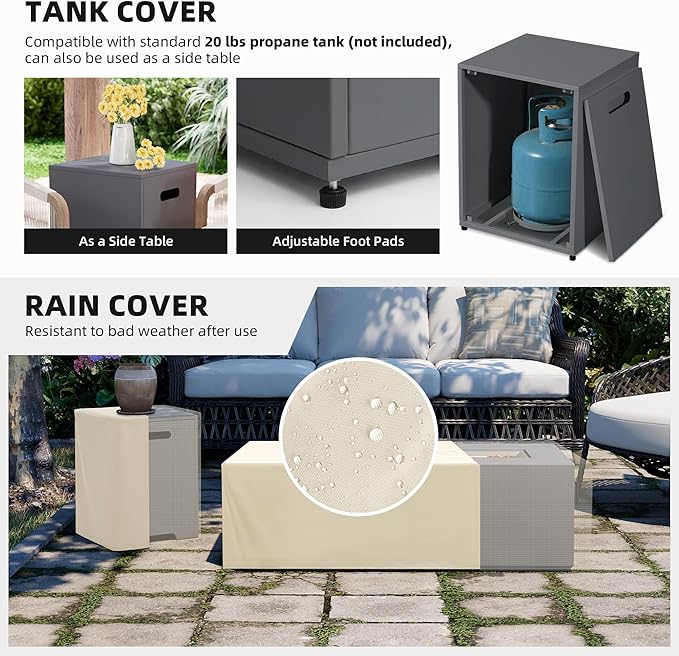 UPHA 42-inch Outdoor Propane Gas Fire Pit Table 50000 BTU Iron Rectangle Firepit for Outside Patio with Tank Hidden Table, Removable Lid, Gold Glass Rocks, Rain Cover, Grey