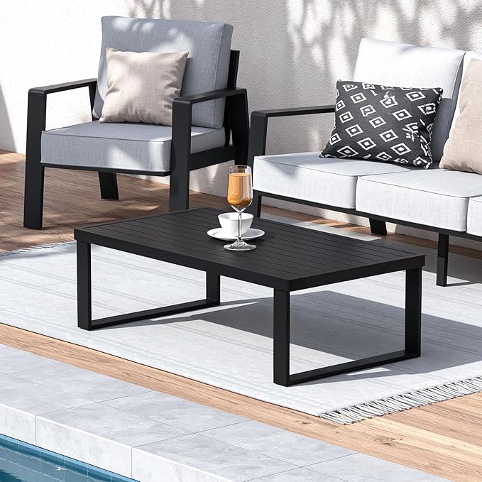Aluminum Outdoor Patio Coffee Table for for Deck, and Poolside (Black, All-Aluminum)