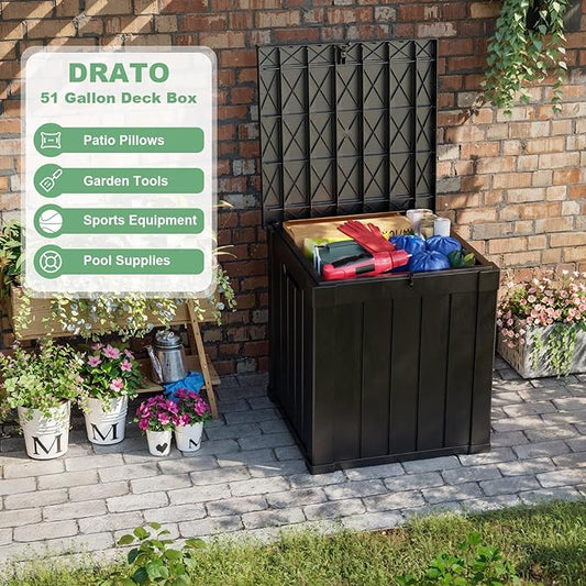DRATO 50 Gallon Deck Box, Outdoor Storage Box for Patio Cushion, Garden Tools,Waterproof Patio Storage box, Lockable (Black)