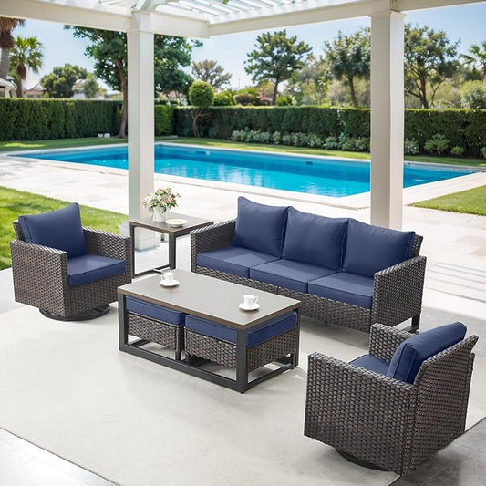 7 Piece Wicker Patio Furniture Set - Outdoor Swivel Rocker Chairs Set with Coffee Table, Side Table, 3 Seat Sofa & Ottomans, Small Patio Conversation Sets for Balcony Deck - Brown/Blue