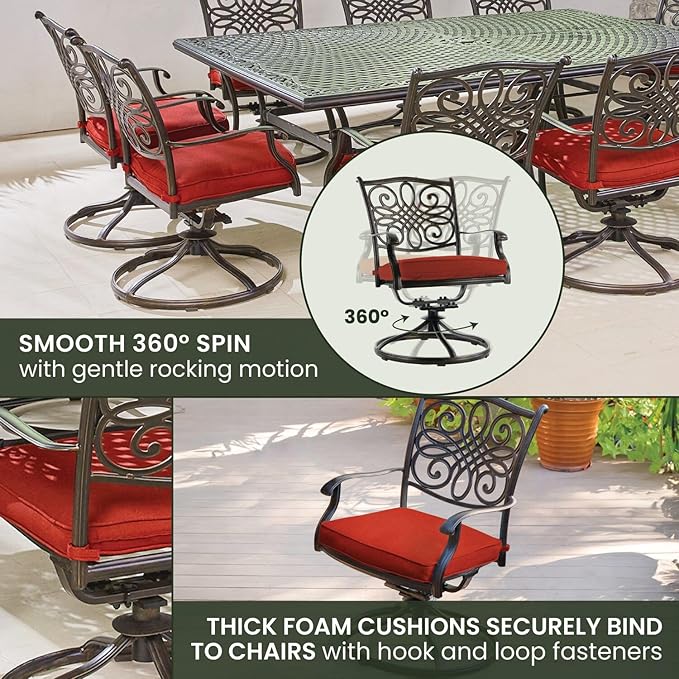 Hanover Traditions 11-Piece Modern Outdoor Dining Set with Rust Resistant Cast Aluminum Rectangular Large Dining Table and 10 Swivel Rocker Chairs with Plush Weather Resistant Red Cushions