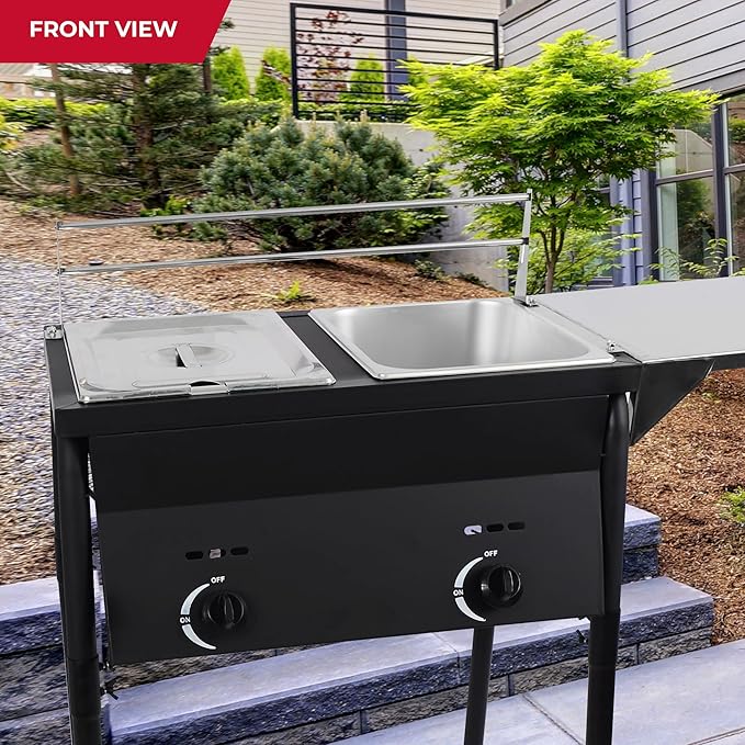 Two Tank Outdoor Deep Fryer with Baskets | Propane Deep Fryer with 2 Stainless Steel Basket & Lid Covers | Large Oil Tank Capacity with Regulating Knobs (Black)