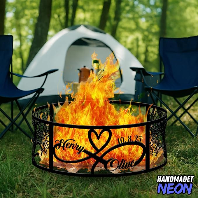 Personalized Heart Infinity Fire Pit Ring 360 Degree, Custom Name Metal Outdoor Campfire Pits, Fireplace, Bonfire, BBQ Garden Decor, Romantic Wedding Gifts for Couples, Soulmate