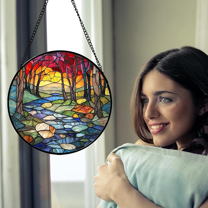 AMDERVEN Stained Glass Window Hanging, Red Tree Abstract Sunset Lake Sun Catcher for Window Home Decor Landscape Suncatcher Mother's Day Birthday Gifts for Women Men Mom and Nana 15 in