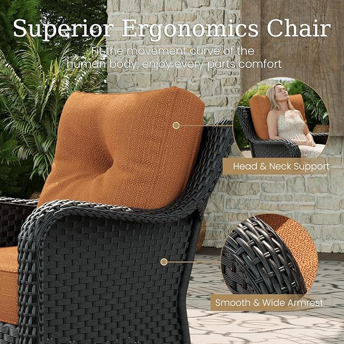 9 Piece Patio Furniture Set, All-Weather Wicker Outdoor Conversation Set with Swivel Rocking Chair and 6 Inch Thick Cushions