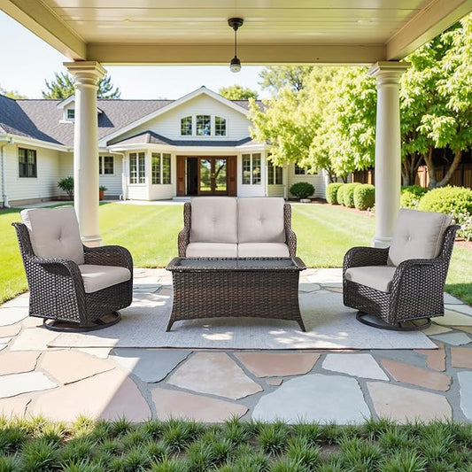 Belord 4 Piece Patio Furniture Set - Outdoor Glider Bench with Swivel Rocker Chairs and Coffee Table, High Back Small Outdoor Conversation Furniture Sets for Deck Sunroom Balcony Backyard