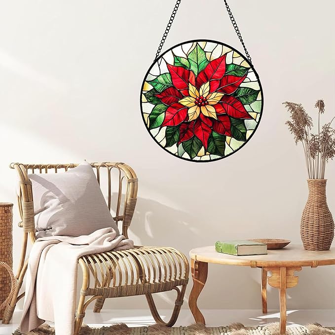 AMDERVEN Stained Glass Window Hanging - Red Poinsettia Birth Flower Sun Catcher for Door Garden Home Decor Suncatcher Christmas Mother's Day Birthday Gifts for Women Men Mom Girl Nana Friend 6.3 in