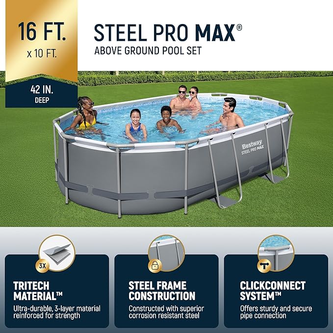Bestway Steel Pro MAX 16' x 10' x 42" Oval Metal Frame Above Ground Swimming Pool Set with 1000 GPH Filter Pump, Ladder, and Pool Cover