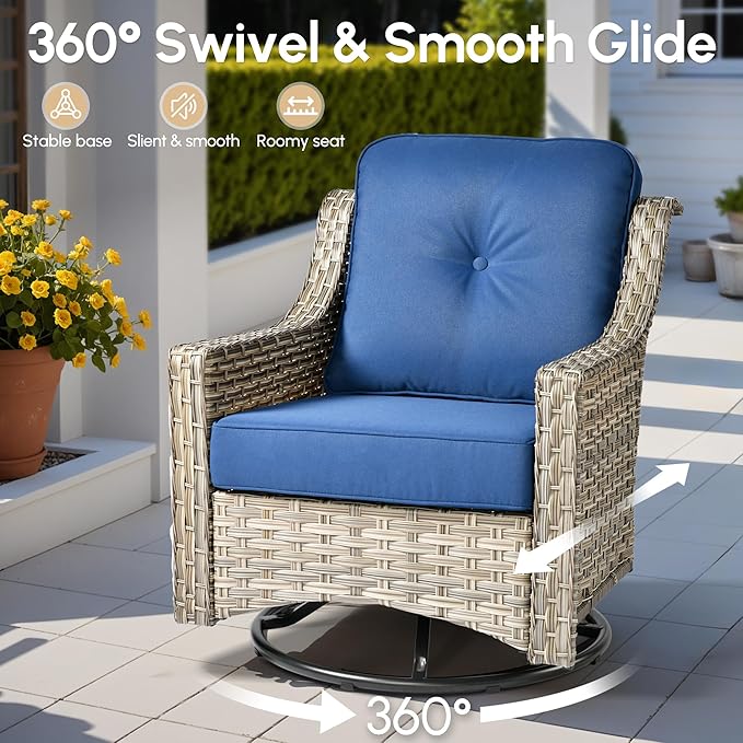 5 Pieces Patio Outdoor Furniture Set with Swivel Rocking Chairs,All Weather Wicker Rattan Patio Seating Sofa and Chair Set w/ Glowing Table,Outdoor Conversation Sets for Deck Yard Garden,Navy Blue