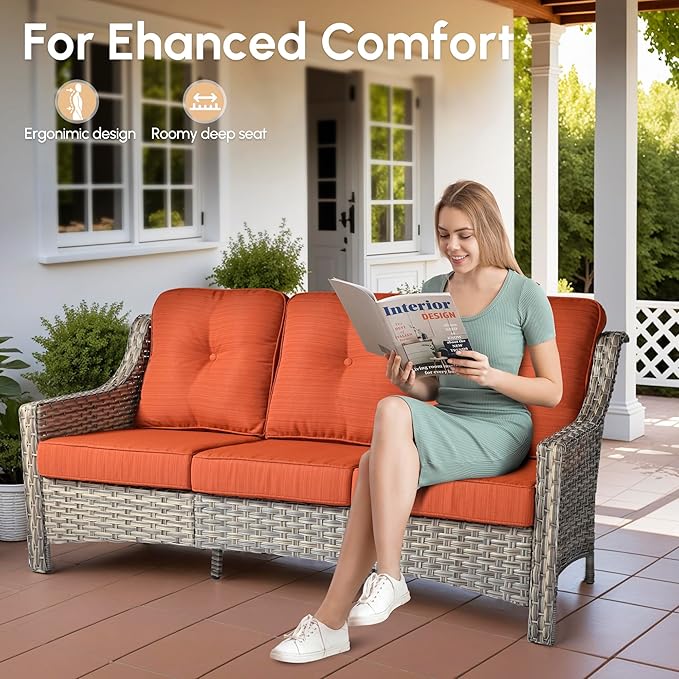 6 Pieces Patio Outdoor Furniture Set,All Weather Wicker Rattan Patio Seating Sofa and Chair Set w/Ottoman and Glowing Coffee Table,Outdoor Conversation Sets for Deck Yard Garden,Orange Red