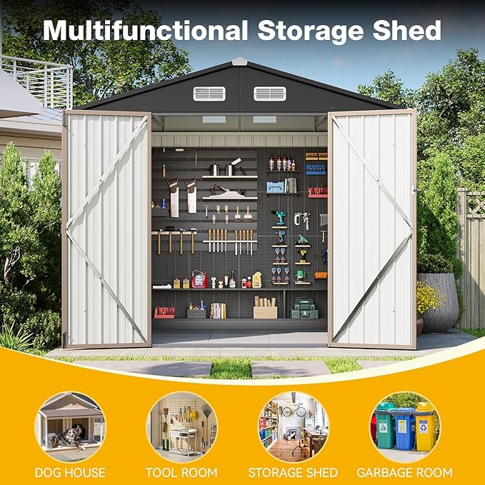8x6 FT Outdoor Storage Shed & Lockable Double Doors, Heavy-Duty Galvanized Steel Outdoor Metal Shed for Bike, Tool, Generator Storage in Backyard, Patio (8’x6’)